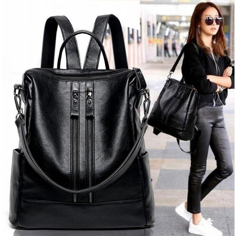 Mini Backpack Purse - Dames Zacht Leren Rugzak School Zwart